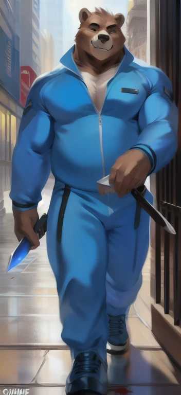 Solo,big man​, standing, street,bear ,Holding a knife with a knife on the blood, blue military spacesuit, overweight, muscular, smirking, by chunie