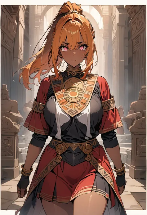 { - anatomy error} , ((Best Quality)), ((masterpiece)), (detailed), 1 woman, solo, dark brown skin, green with orange hair, heterochromy, red and pink eyes, ponytail, ribbon, mature, Jaguar warrior, wearing a red skirt with a border of yellow and red plate...