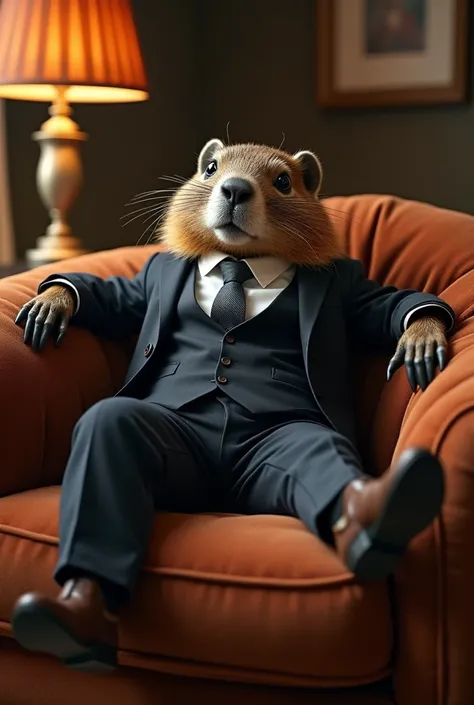 A marmot in a suit sits on a sofa and is a sexy beauty with both hands