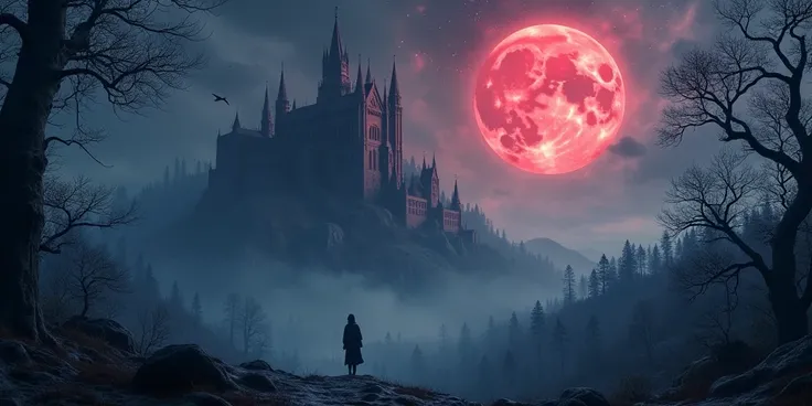 The background of a forest with a huge castle behind in a gothic style with a huge red moon on the horizon and galaxy-colored skies in fantasy and cold tones 