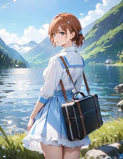  Carrying Case ,  lakeside, (Lonely Traveler:1.5), masterpiece:1.5, masterpiece, highest quality, (Misaka Mikoto), UHD, retina, masterpiece, accurate anatomy, textured skin, super detailed, high quality, best quality,  highres icon, 8k