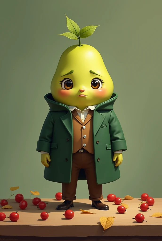 A unique, anthropomorphic figure resembling a large kiwifruit with human-like features. It has large, expressive eyes, a small tuft of green leaves at the top, and is dressed in a sophisticated outfit consisting of a green coat, a brown shirt, and brown tr...