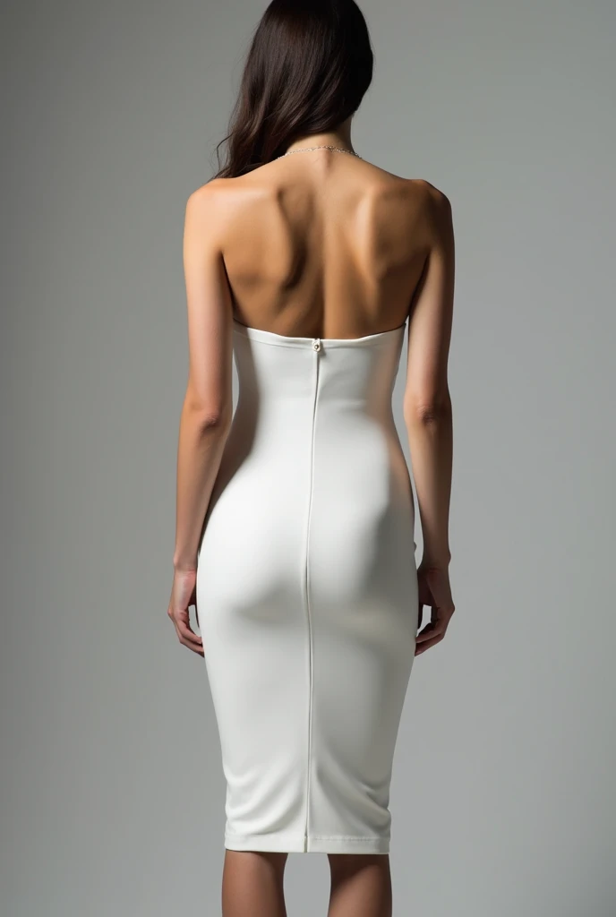 "A minimalist studio photoshoot featuring the back view of a sleek, strapless white dress with a fitted silhouette and subtle details, captured on a model from neck to mid-thigh. The lighting is soft, casting gentle shadows that enhance the fabrics texture...