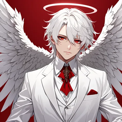 a male fallen angel with white hair, red eyes, white wings, white suit, red background