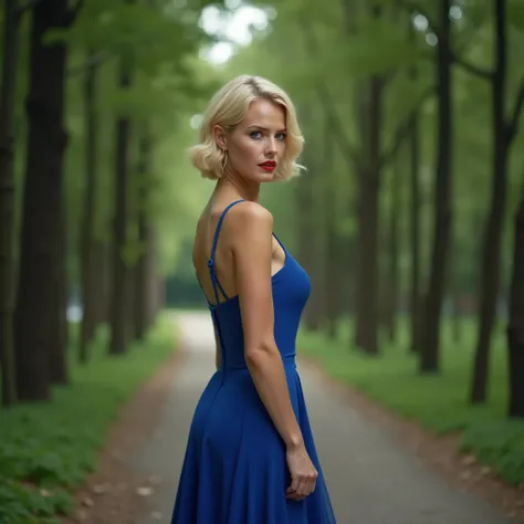 cinematic photography of a woman with short blonde hair, a mature woman, beautiful expression, detailed green eyes, extremely delicate and fine skin texture, beautiful body and beautiful breasts, bright red lips, in a revealing blue dress standing on a pat...