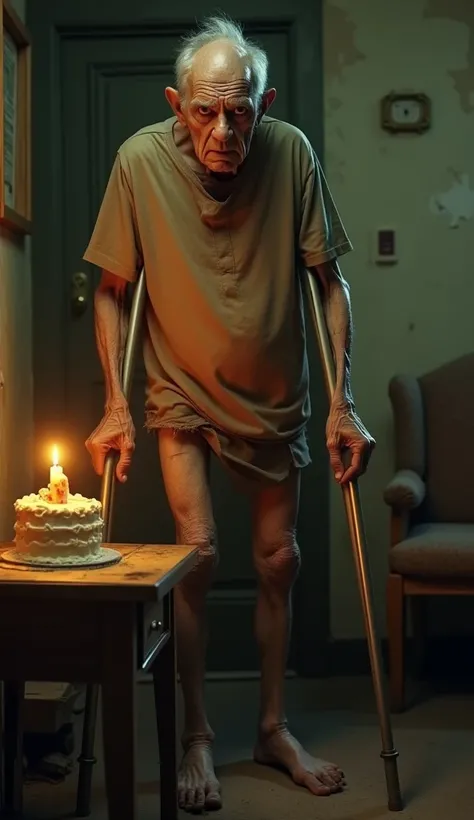 A frail and delicate-looking 90-year-old man, crippled by a leg amputation, stands with his crutches in a dimly lit room,
illuminated only by the yellowish glow of the candles on the table. He is dressed in a dirty, threadbare T-shirt and torn pants, refle...