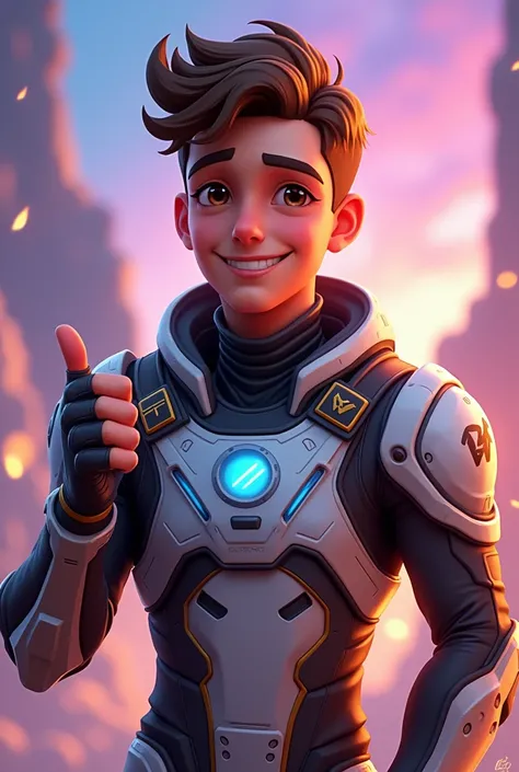 A full body young adult male character with brown hairs and brown eyes, wearing a eve online space suit in Fortnite style. Character should express cheerfull joy expression and having a thumbs up pose