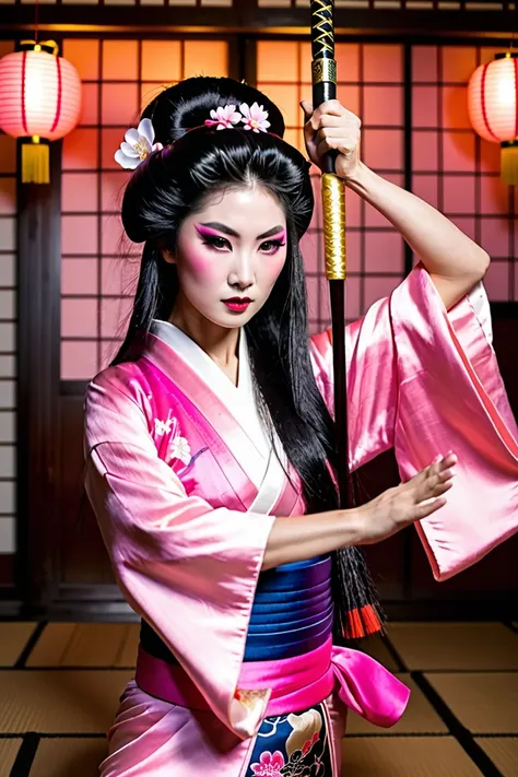 Beautiful geisha rapunzel real with very long black hair , dressed in a silk pink dress fighting with a katane in the dojo in the night