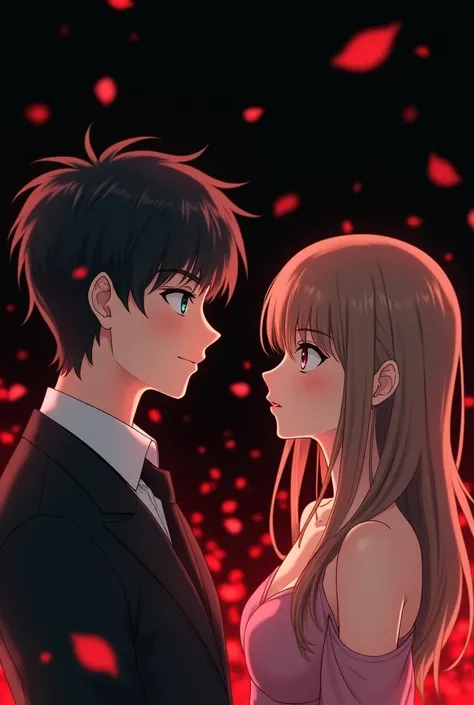  A girl and a boy looking at each other , the boy with black hair and dark green eyes serious with a smile and cold look,with a black suit, the girl with light brown hair and violet eyes , in a dress with open shoulders ,Let it be in the .  manhwas, style ...