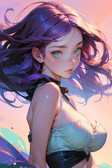 (masterpiece, highres, high resolution:1.2), anime 20 yo girl, portrait, shoulders up, illustration. drawn, violet hair woman, green eyes, blushing, solo, surprised, freckles, big lips, huge breasts, perfect body, wearing a tube top, no hands,