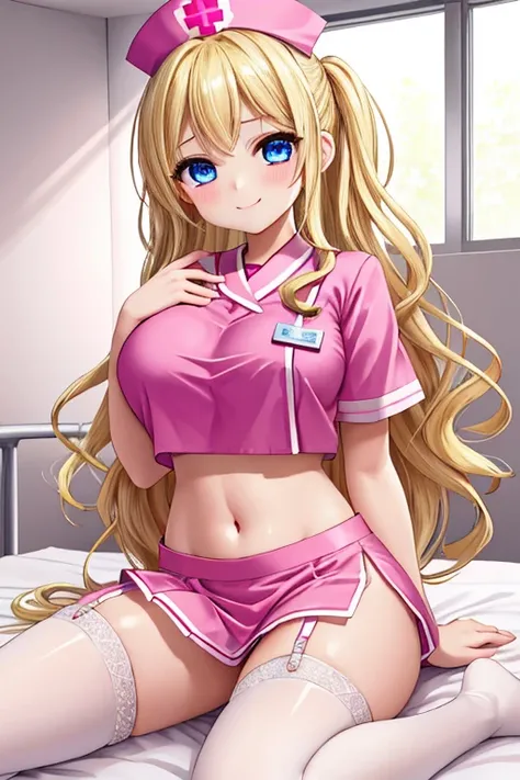 1girl, best quality, looking at viewer, kawaii, shiny skin, shiny clothes, nurse, pink clothes, crop top, veritical navel, bare stomac, navel focus, huge breasts, long hair, wavy hair, blonde hair, blue eyes, nurse cap, miniskirt, thighhighs, garter straps...