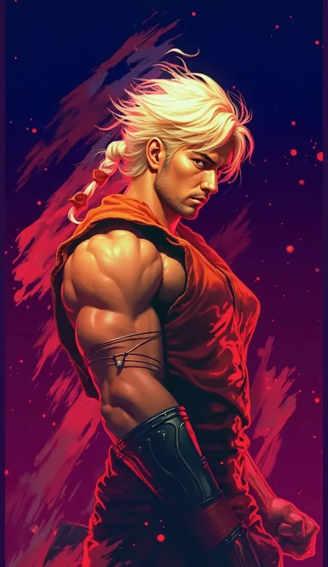 blonde man, muscular and defined with a red kimono and the appearance of a fighter ,  who is appearing like an energy coming out of his body similar to flames