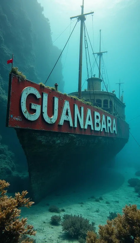 CREATE THE SIGN WITH THE NAME  *GUANABARA  *  NEXT TO THE OLD SUNKEN SHIP THAT HAS A REALISTIC SUNLIGHT IN HALF AQUA AND AQUAS BALLS IN UHT 8 K