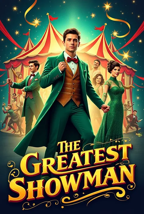 Generate me a logo of greatest showman in green costumes and wit