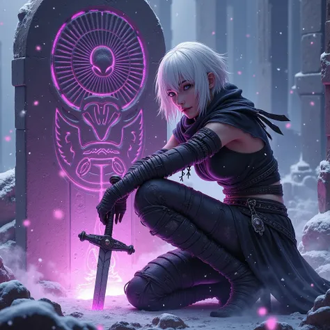 Sitting in front of a stone monument and laughing fearlessly 、Ancient intricate hieroglyphs dug into stone monuments glow eerily purple、 snow is falling 、((Tattered and dirty black clothes 、Arms full of bandages 、 armband that only selected swordsmen wear ...