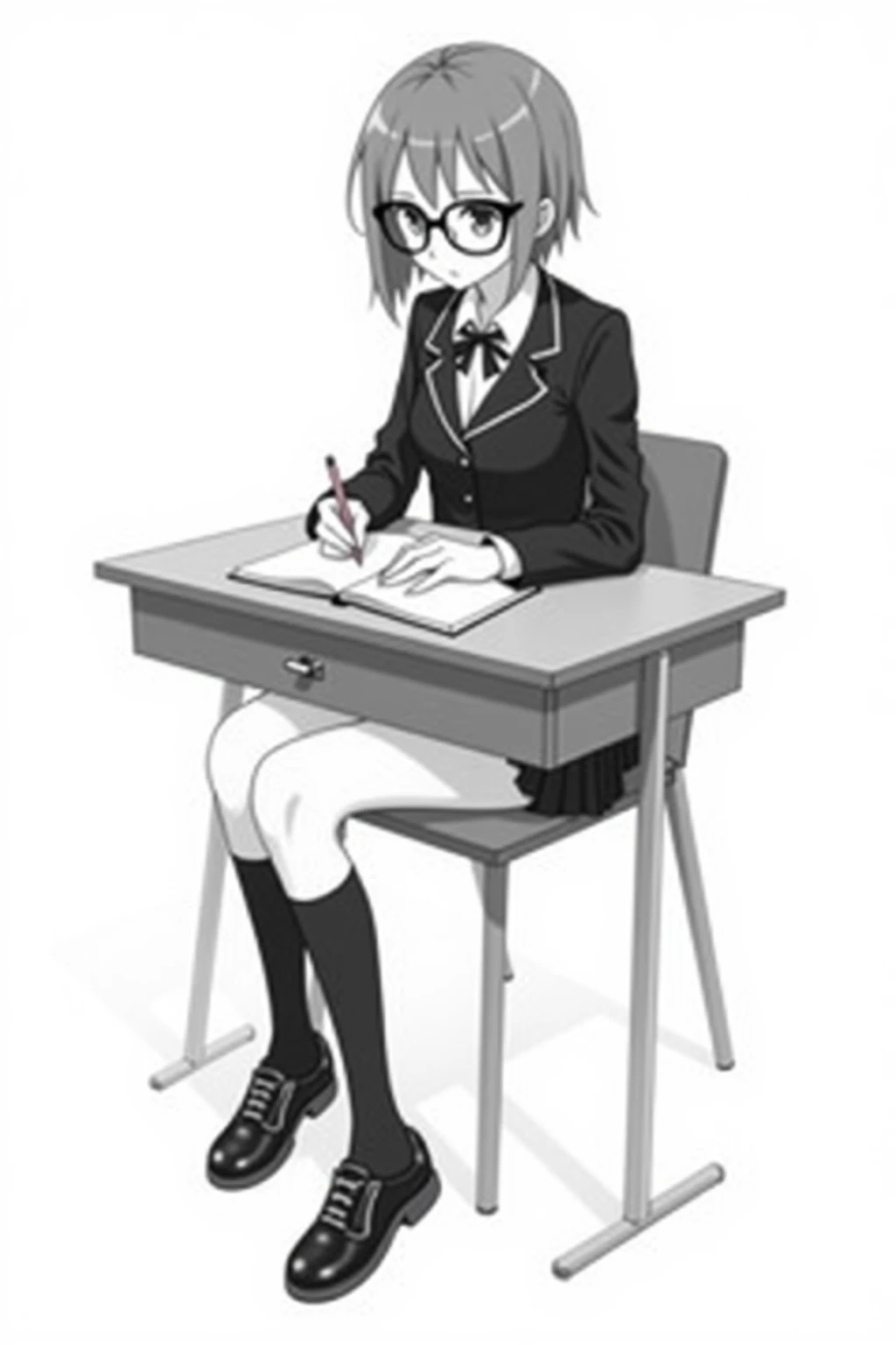 Black and white manga image of sexy schoolgirl sitting at a desk in front of a blank white background wearing a blazer and pleated skirt and knee socks and loaders she is wroting in a notebook and she has on big black glasses High Resolution, 