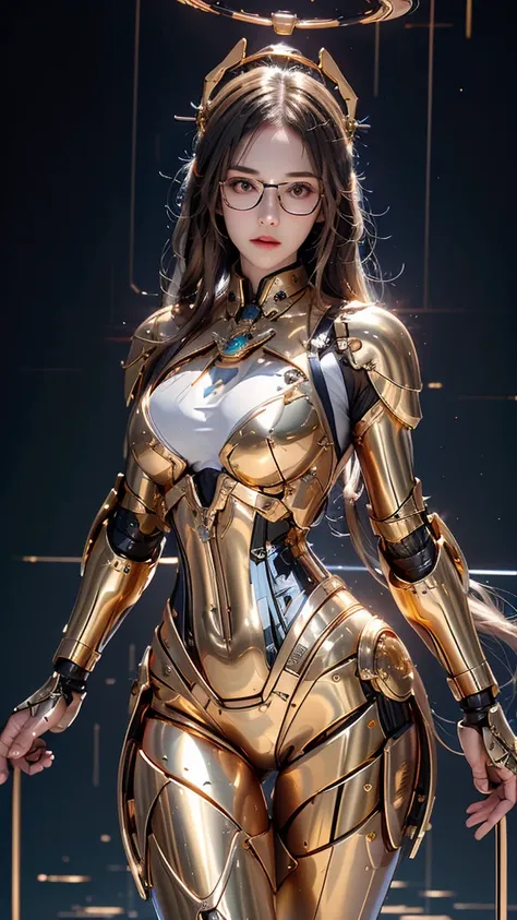 photorealistic, high resolution, 1women, mature female,wearing glasses, fighting pose, solo, hips up, robot, gold mecha musume,gold mechanical parts, robot joints,single mechanical arm, very long hair, mechanical halo,star halo,intricate mechanical bodysui...