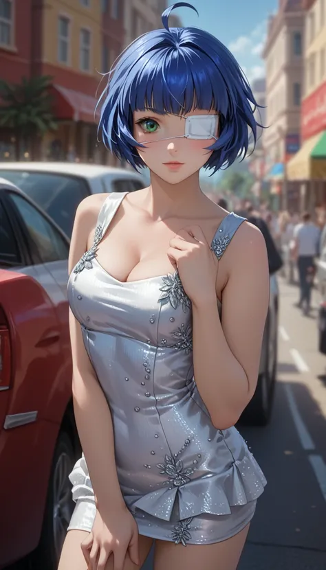 score_9, score_8_up, score_7_up, 1girl, solo, beautiful waifu, (ryomou shimei, ahoge, short hair, blue hair, medical eyepatch, green eye:1.2), detailed eye, detailed face, flirt, looking at viewer, (silver ruched minidress:1.3), cleavage, elegant, glamorou...