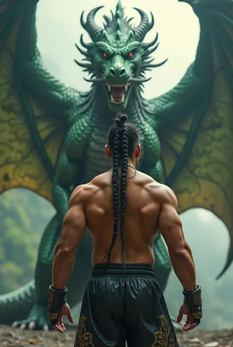 create the image of a Muay Thai fighter ,  with the muscular and well-defined body , with braided hair.  Behind him must be a large winged green and black dragon in the style of Shei Long