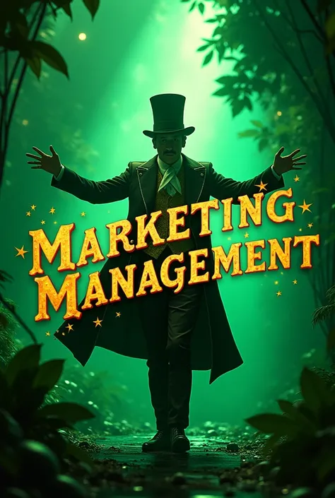 Generate me a greatest showman photo in green with marketing management leter