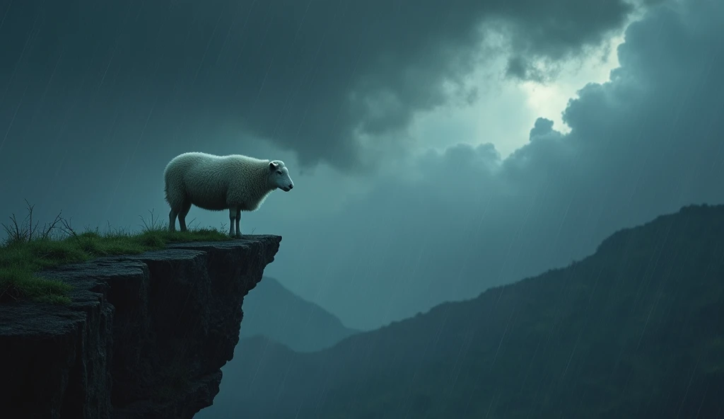 (masterpiece, best quality: 1.1), high resolution, (ultra detailed) on a narrow ledge, the sheep cub stood trembling. The rain had made the ground slippery, and the sheep cub was too frightened to move. dark clouds in the sky, a big storm. heavy rain, even...