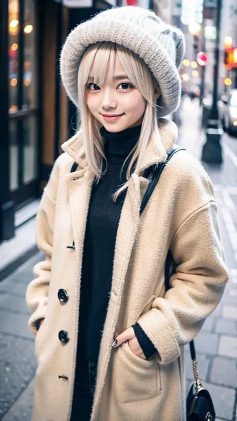 18 year old Japanese female、 platinum blonde、 semi-long、 my hair is wavy 、smile。.、 wearing a high neck sweater、Wear a duffle coat、 gloves 、、 Wear a wool hat  、I&#39;m wearing a scarf、Its a winter town 。Baby Face、 Dark Tanned Skin 、 Super Big Breasts 、 Dark...