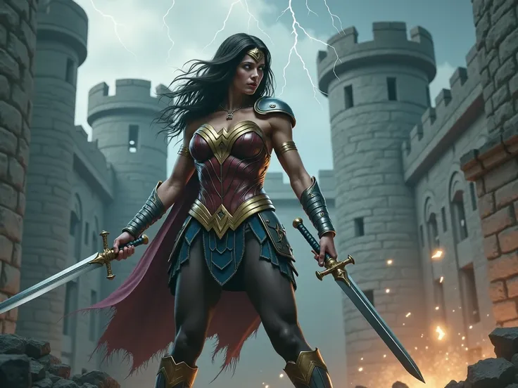 Beautiful European with very dark pantyhosed long legs looking like wonder woman in her armor and boots, wearing a sword and golden necklace, fighting a battle in front of castle ruins, thunderstorm in the background