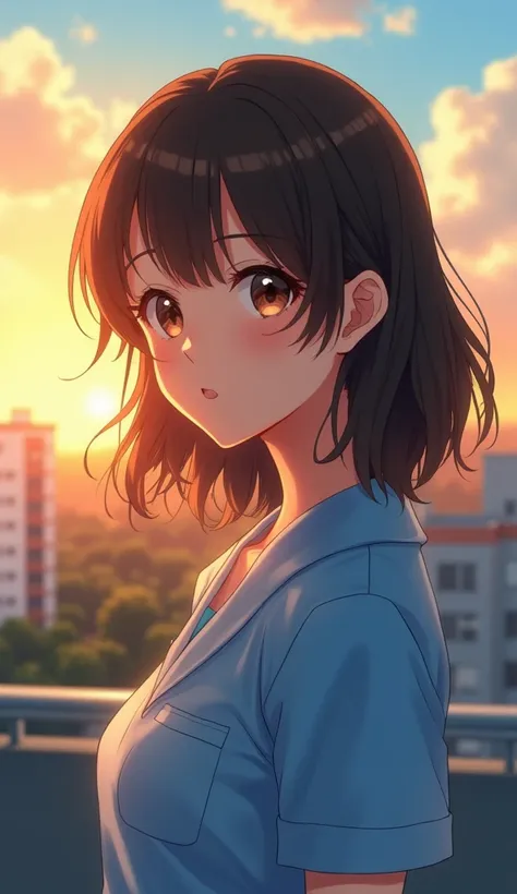 Close-up portrait, anime style, realistic rendering, a young adult woman with shoulder-length slightly wavy brown hair, a gentle, determined expression, wearing a light blue nurse uniform, standing on a hospital rooftop at sunset, soft lighting, warm color...