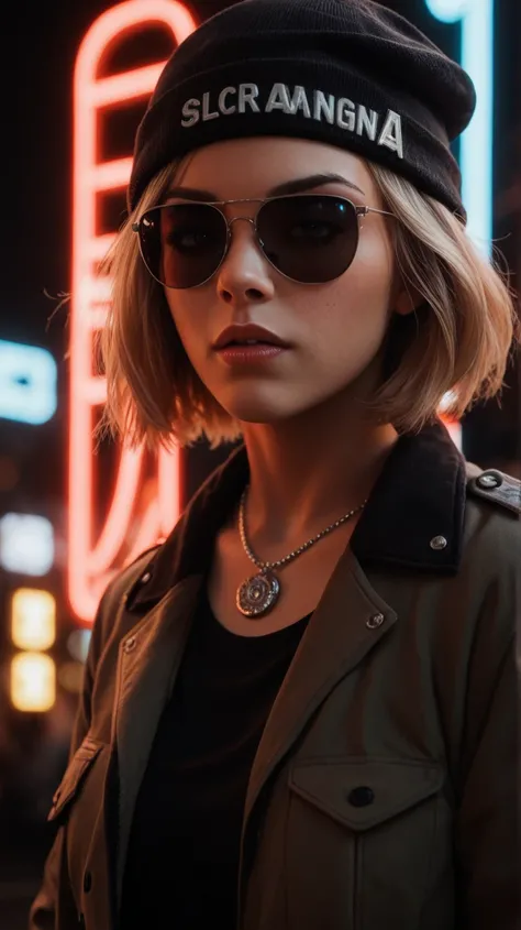 Enlarged face ,  alternative girl ,  physique looking through black sunglasses, jacket, necklace,  reflections of neon light on the skin, Sergeant, makeup,  Skin imperfections,  Short hair, beanie hat, neon lights , weak light,  depth of field ,  high deta...