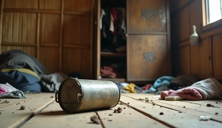 ((ultra-realistic photo)) [An old, dented tin can lies discarded on the floor, its lid visibly pried open and damaged. The scene captures the chaos of a disheveled room with clothes and various items scattered across the floor. In the background, a worn wo...