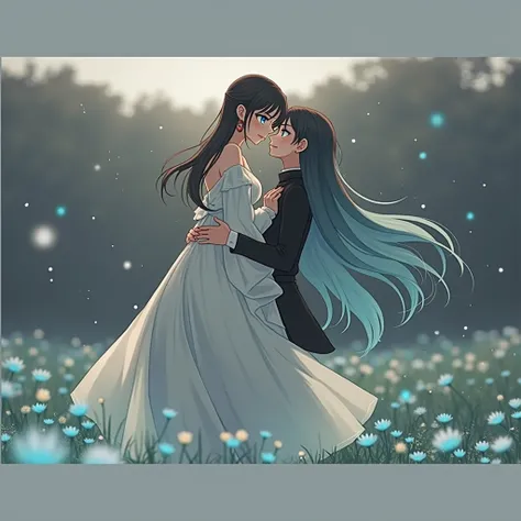 Anime couple, girl have blue eyes, long black hair, wearing white colour long full gwon dress, adult body, breasts. Boy wearing black colour dress, black eyes and hair, put his hands on this girls 
front side of waist. Romantic style 