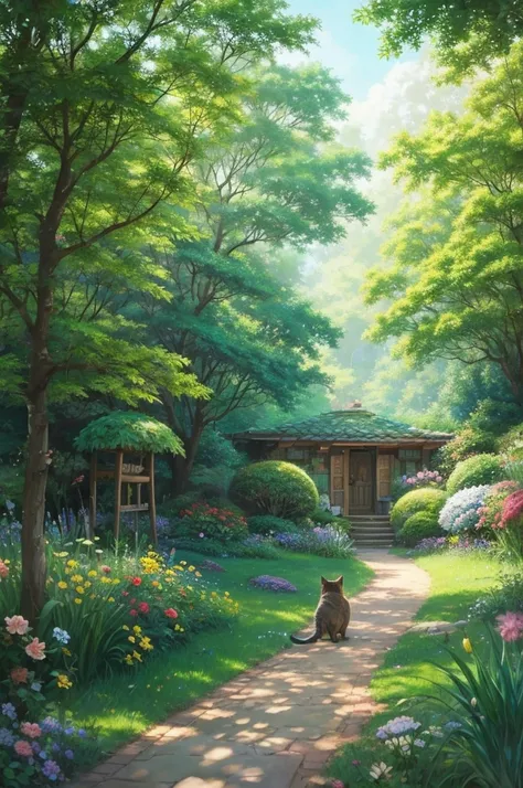 a Studio Ghibli-style image featuring a cat:
"Imagine a whimsical cat wandering through a lush, enchanted forest filled with oversized flowers and magical creatures. The cat has big, expressive eyes and a slightly fluffy tail, reflecting the charming style...