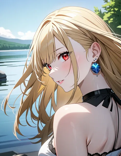  lakeside, (Lonely Traveler:1.5),  high school girl, masterpiece:1.5, masterpiece, highest quality, Kitagawa Marin, 1girl, blonde hair, long hair, multicolored hair, red eyes, jewelry, earrings, piercing, black choker, UHD, retina, masterpiece, accurate, a...