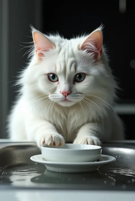 Create Hyper-realistic image of A white cat in a kitchen, washing dishes in the kitchen. Put a camera behind it and make the color of the kitchen black on white