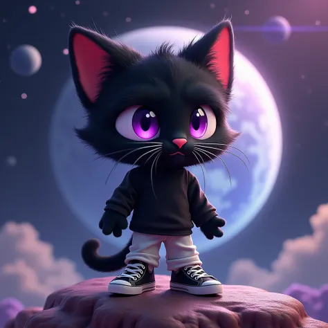 Gato furry, purple eyes, Black fluff , cat paws, black shirt, white pants,  black and white sneakers ,  short hair,  black hair, thin, high,  crystal space background on a planet, quality, Detalhes highs, design, 