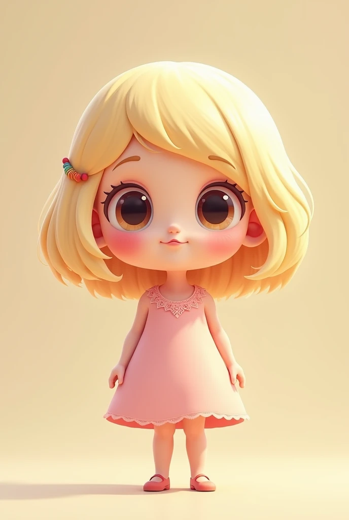 "A short, cute blonde girl, with a rounded body like a little ball, a big face with bright, expressive eyes, light blonde hair in a cute style, a pastel dress with delicate details, a minimalist and cheerful setting, soft lighting and vibrant colors, a 2D ...