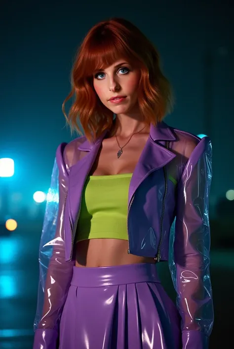 Sarah Michelle Gellar wearing a lilac plastic jacket with a matching skirt, a lime green tank top under the jacket and the skirt, white woman, pretty classy and wavy redhead hair with bangs, pretty, cute, classy woman, cinematic, very cinematic, dark night...