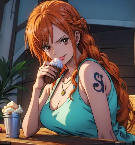 (masterpiece, top quality, 4K, 8k,   high definition  , 最高masterpiece:1.2),  super detailed, ( realistic , photo realistic , photo- realistic :1.37),   Maintaining Anime Style  ,  Nami in One Piece, pale orange hair hidden in thick grass ,Beautiful hairsty...