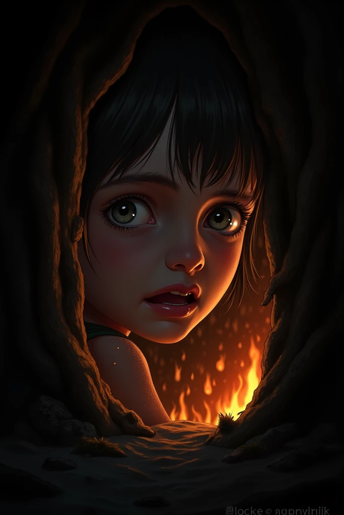 
The frightened narrator hiding: A young person peering through a crack in a hut, their face lit dimly by the fire outside, eyes wide with fear as they watch warriors dragging villagers out of their homes.