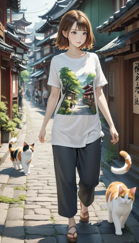 Highest quality、masterpiece、Girl and calico cat、pretty girl、Calico cat walking with a girl、Girl and calico cat、Very realistic cat、Detailed depiction of a cat、Highly detailed cat hair、 walking on a promenade、printingＴshirt、3/4 length pants、Old townscape of ...