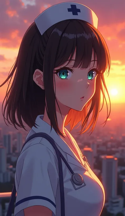 close-up, anime style, a young adult woman with shoulder-length brown hair, gentle and determined expression, light blue short-sleeved nurse uniform, slight blush on her cheeks, overlooking a cityscape at sunset from a rooftop, wind gently blowing her hair...