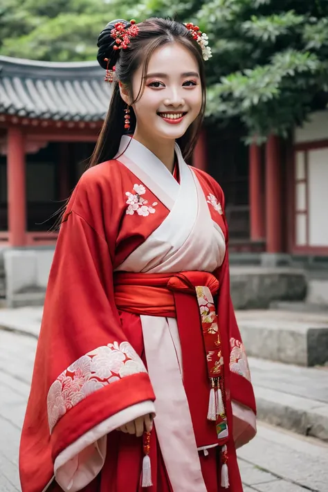 A girl wearing a red colored hanfu outfit she smiles at the curb