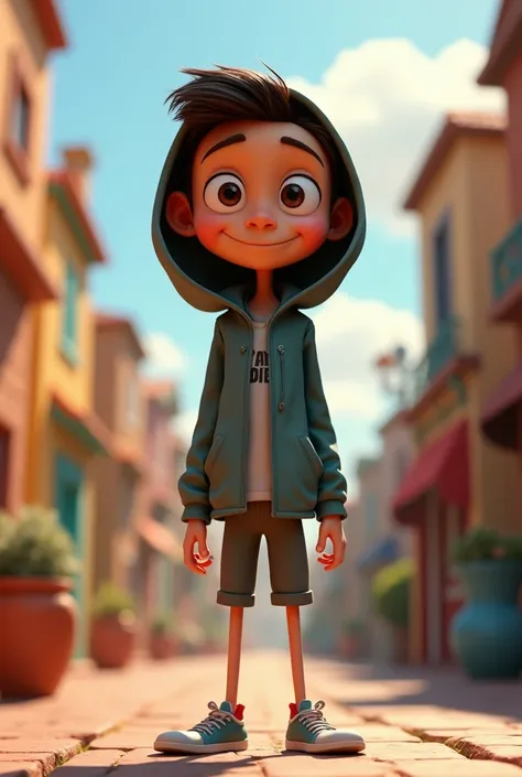  3D Pixar-style character  ,  with his jacket all over his head, thin, admired and happy with something 