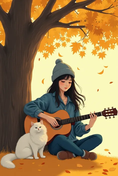 Beautiful Korean girl with dark hair wave wearing a denim knit hat ,  wearing jeans a denim sweater is strumming a guitar accompanied by a bushy white Persian cat,  under a yellow leafy tree autumn sign leaves leaves around her  