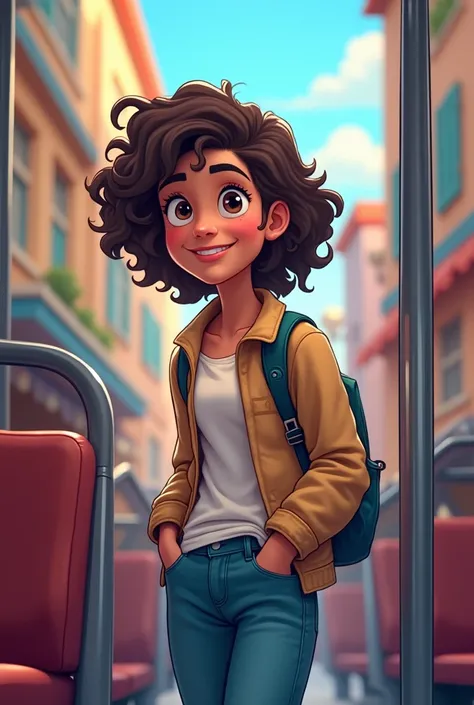 
A young adult passenger in an animated style with curly hair, wearing a light jacket and jeans. The passenger has an engaged, friendly expression, leaning forward slightly as if asking a question or listening intently. The background mirrors the animated ...