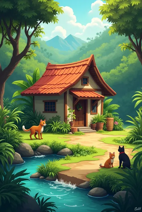 A small house, near jungle and small river, small family a cat and a dog