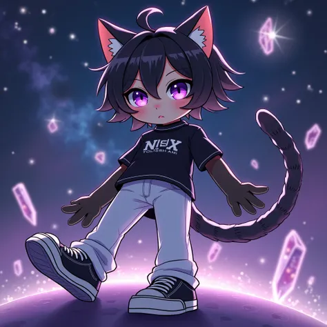 Cat furry, purple eyes, Black fluff , cat paws, black shirt, white pants,  black and white sneakers ,  short hair,  black hair, thin, high,  crystal space background on a planet, quality, Detalhes highs, design, Anime, 