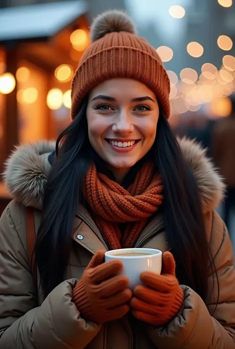 a beautiful young Russian woman long black hair enjoying a cozy winter evening at a festive outdoor market. She is wearing a rust-colored knitted beanie and scarf, paired with a khaki winter jacket, holding a STARBUCKS warm cup of coffee in her gloved hand...