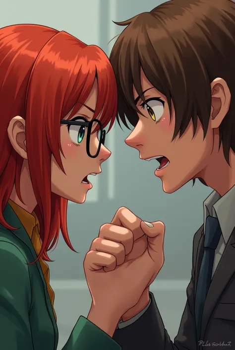 Red-haired girl with glasses having a hostile argument with a guy with medium-long brown straight hair