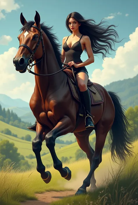  Black haired girl riding a horse with big boobs 